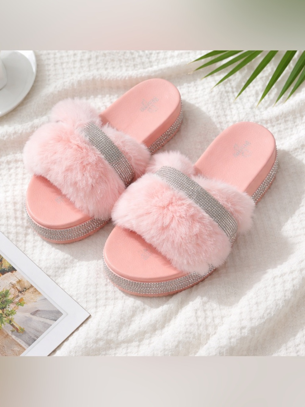 ID REQUIRED pink, furry silver rhinestone Chunky platform slip on slides size 7